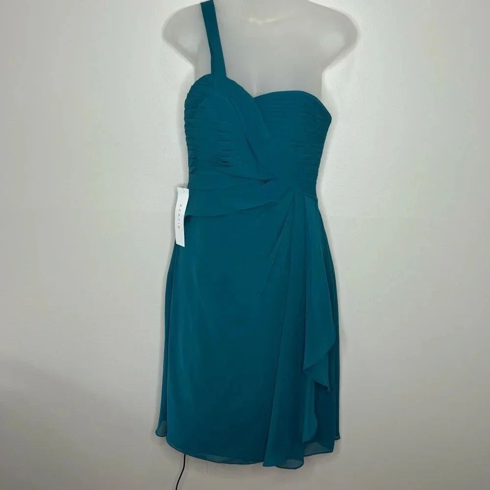 Azazie Madalynn Bridesmaid Dress one shoulder Peacock NWT Size A4 ruffle detail